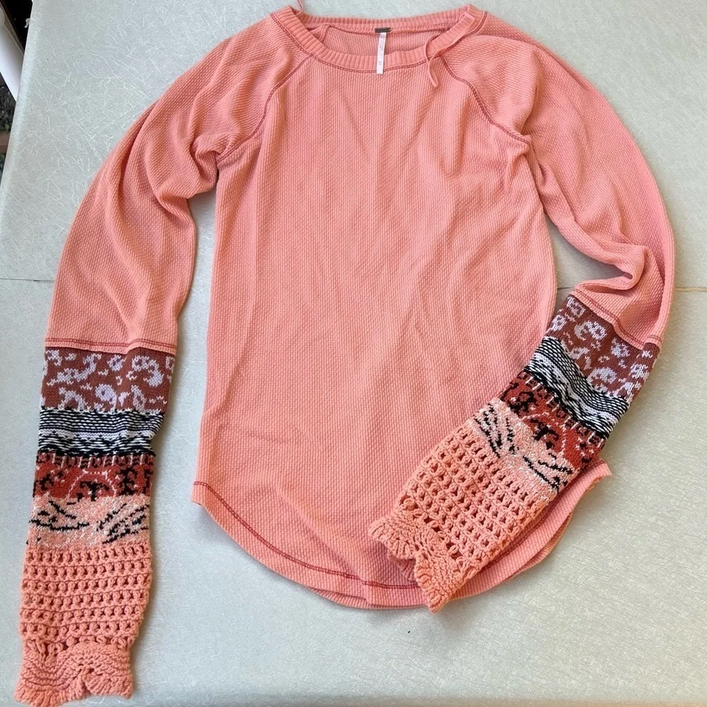 Free People BohoThermal Cuff Tee Rio Orange Long Sleeve Women Size Medium